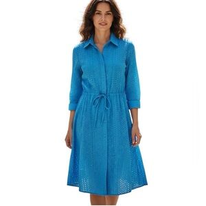 Soft Surroundings Women Turquoise Long Sleeve Eyelet Midi Shirt Dress Sz Medium